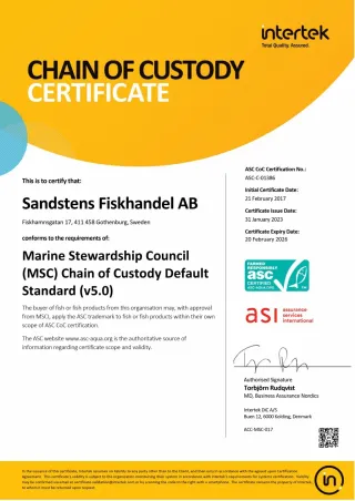 ASC Chain of Custody Certificate för Sandstens Fiskhandel AB