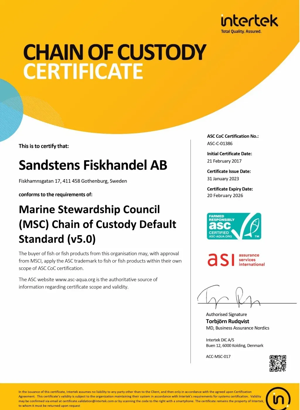 ASC Chain of Custody Certificate för Sandstens Fiskhandel AB