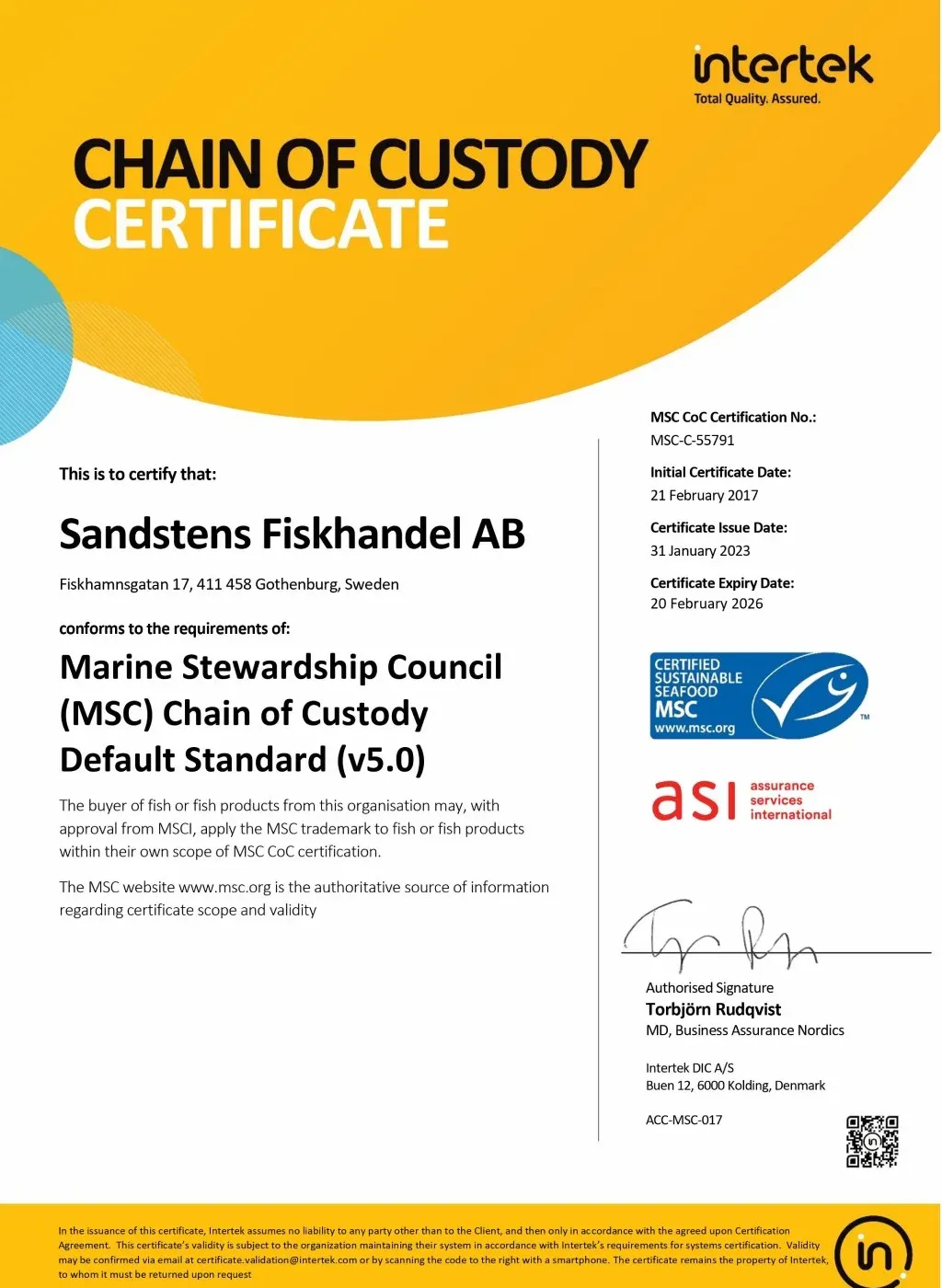 MSC Chain of Custody Certificate för Sandstens Fiskhandel AB