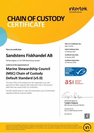 MSC Chain of Custody Certificate för Sandstens Fiskhandel AB