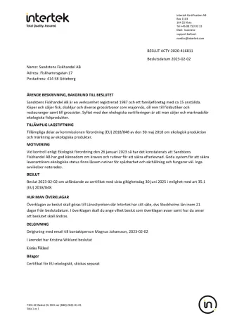 Intertek, beslut om certifikat för EU-ekologisk produktion, Sandstens Fiskhandel AB