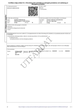 Certifikat enligt förordning (EU) 2018/848 om ekologisk produktion, Sandstens Fiskhandel AB