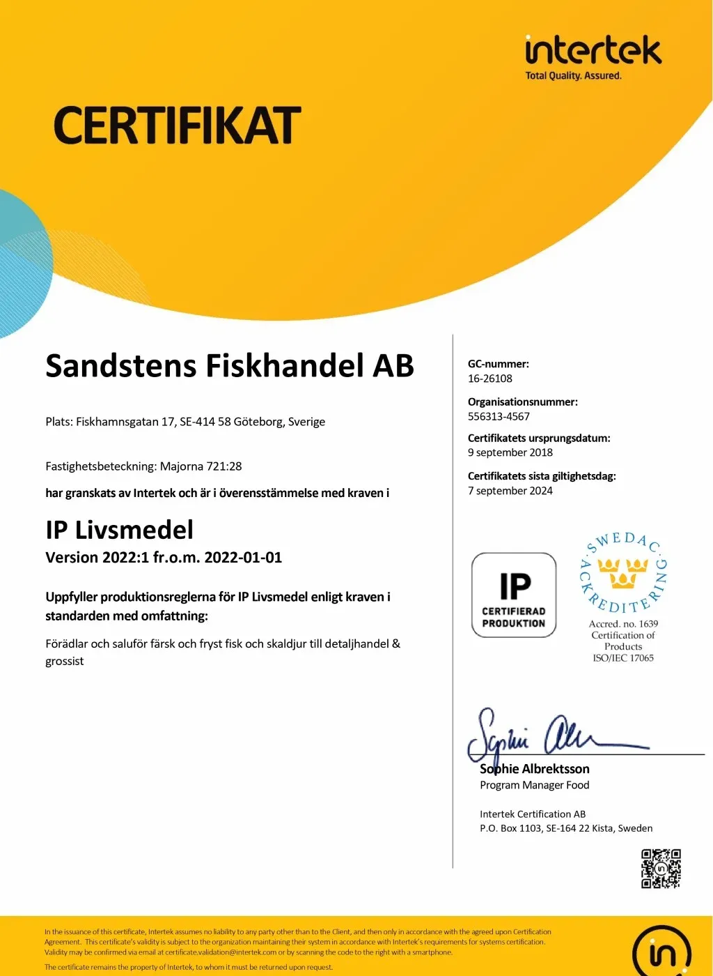 IP Livsmedel-certifikat för Sandstens Fiskhandel AB