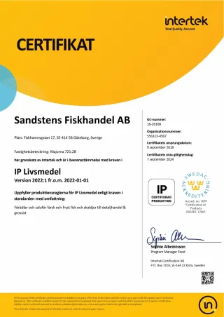 IP Livsmedel-certifikat för Sandstens Fiskhandel AB